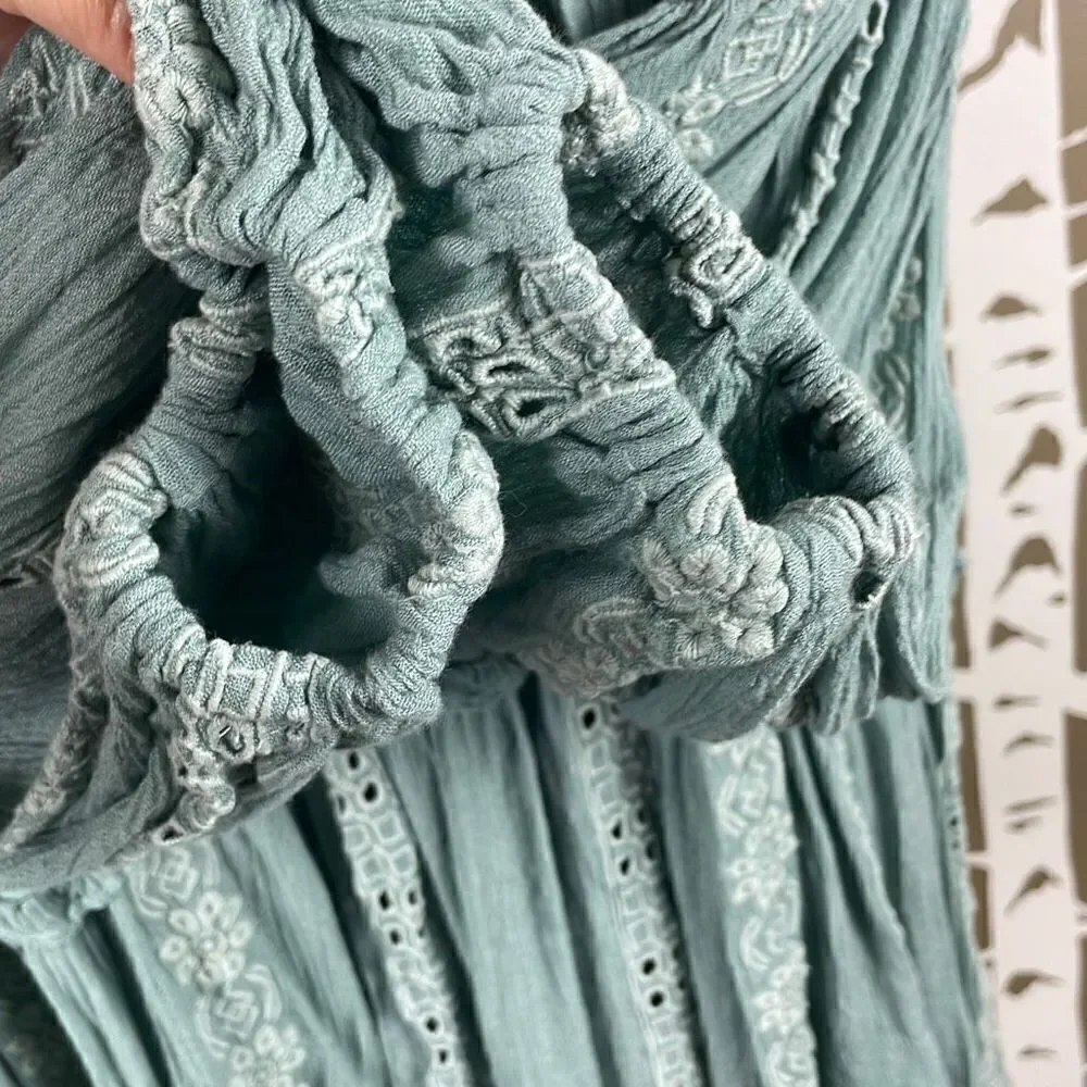 Free People Sage Green Gauze Eyelet Boho Top XS